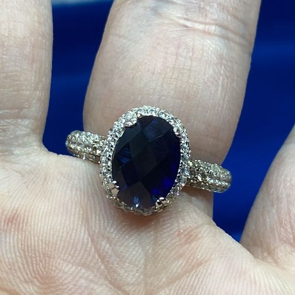 💛 925 Blue Sapphire & CZ Halo Ring - Picture 4 of 5